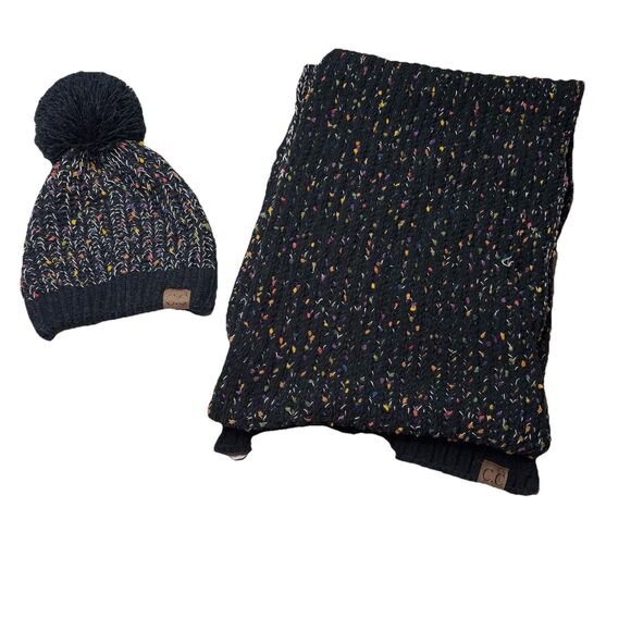 CC Exclusive  Wrap Shawl Scarf Long Black Multicolored and Pom Beanie Womens - Picture 1 of 7